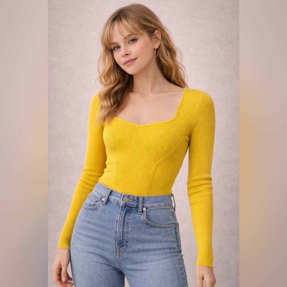 Anthropologie NuvaTags Citron Ribbed Square Neck Top NWT Size M